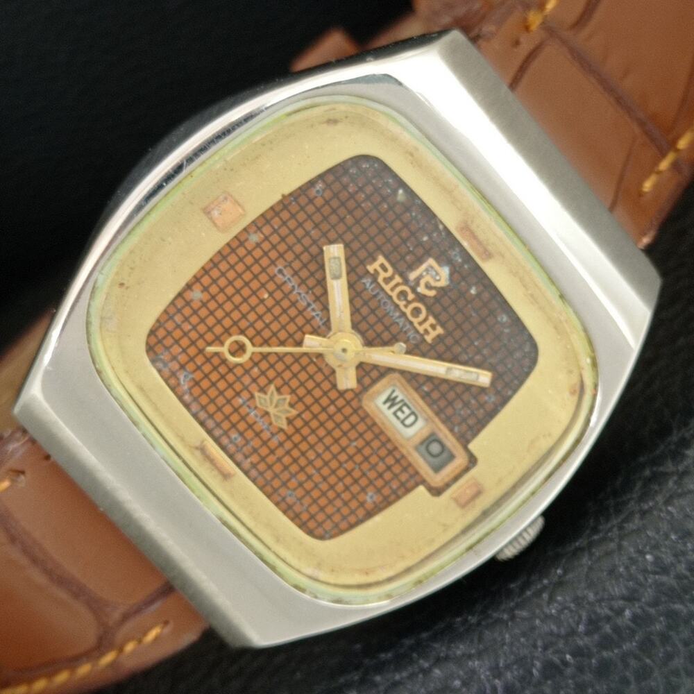 Vintage 1984 Ricoh Automatic Mens Silver Watch W/daydate & Gold accents